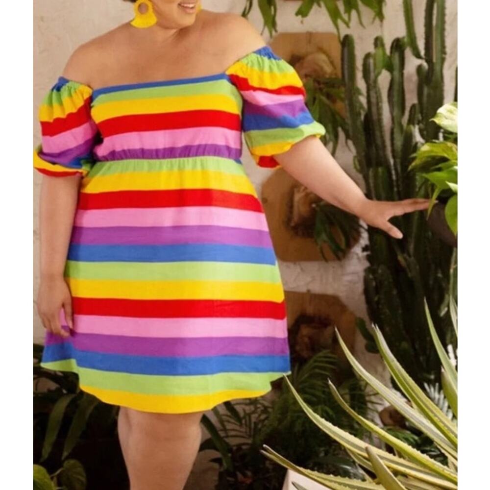 Eloquii Rainbow Stripe Off Shoulder Dress Size 16 Linen Blend Puff Sleeve
